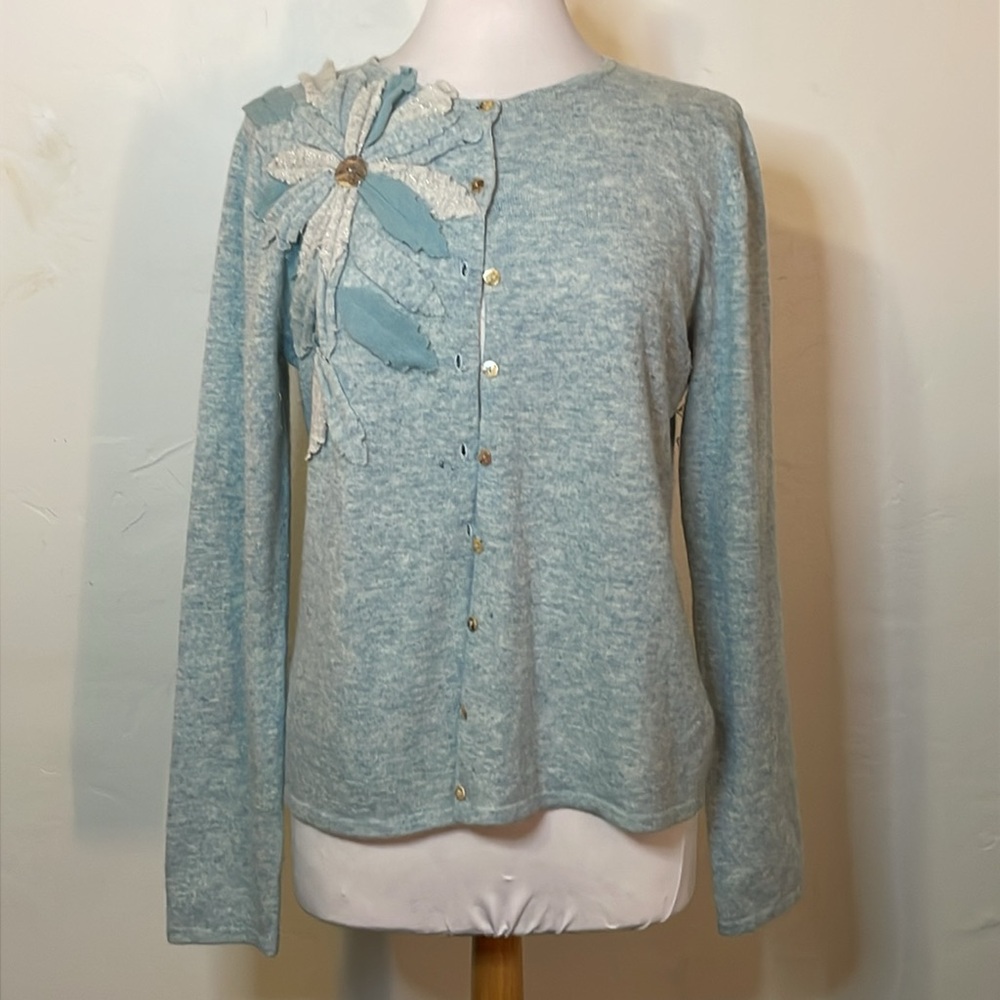 Cold Water Creek Wool Blend Button Down Cardigan Floral Sparkle Flower Size M